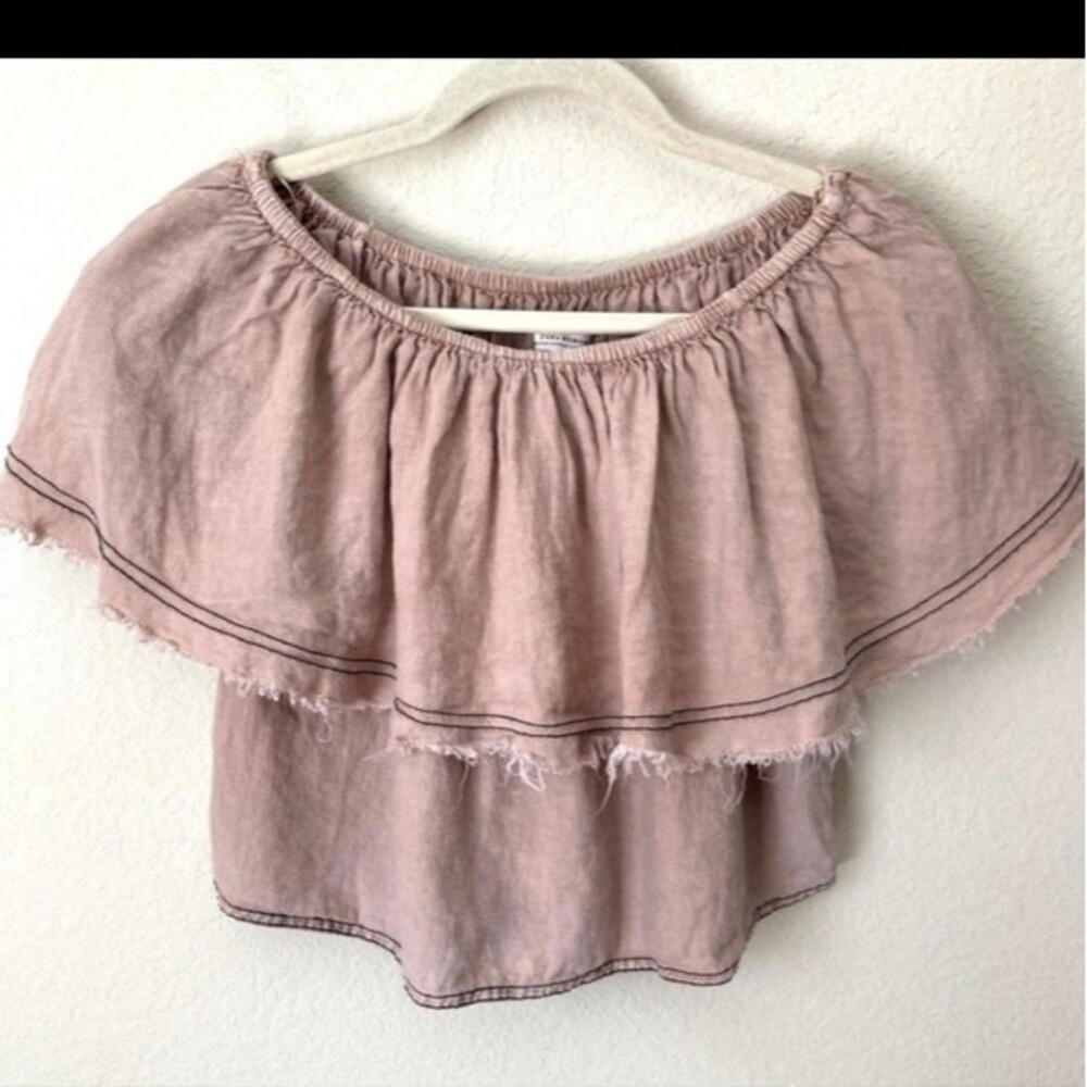 Zara Woman Tan/Peach linen Top SM Off Shoulder Peasant blouse